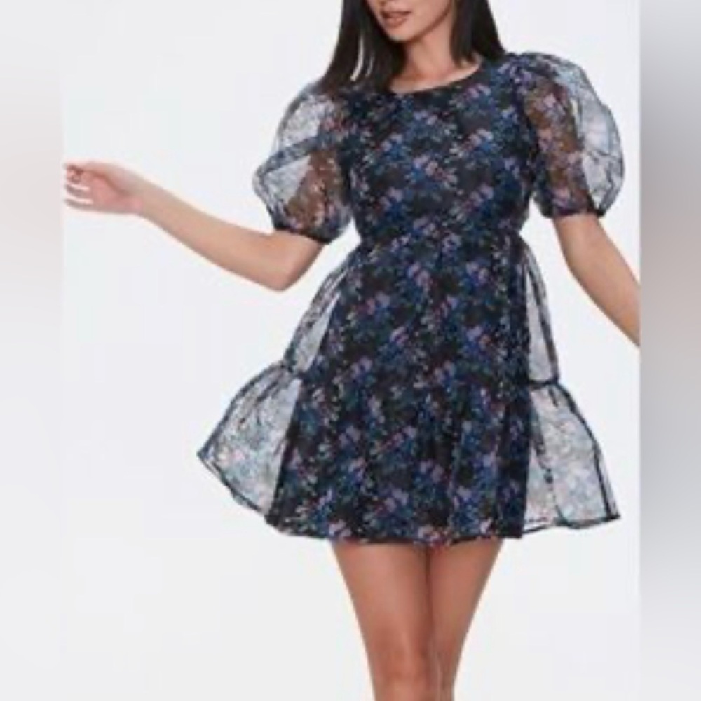 Floral prints Puff Sleeve organza see through mini Dress size L blue and pink